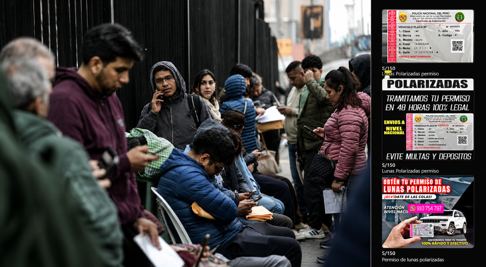 Mientras que por la web oficial no hay citas y presencialmente se forman largas colas en la sede de La Victoria, vía redes sociales una red de tramitadores ofrecen el permiso de lunas polarizadas en solo 48 horas.